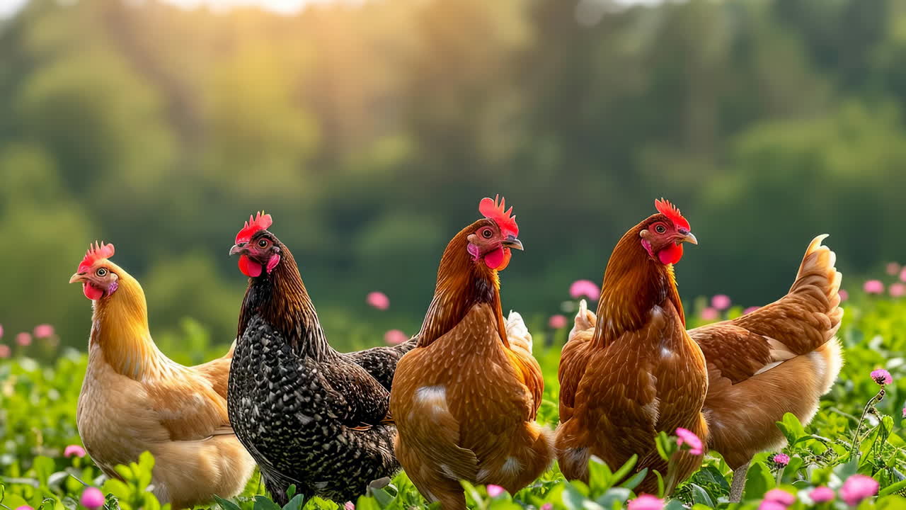 Chickens roam freely in a sunny meadow. A group of chickens pecks at the ground among colorful flowers in a bright, sunny meadow during late afternoon