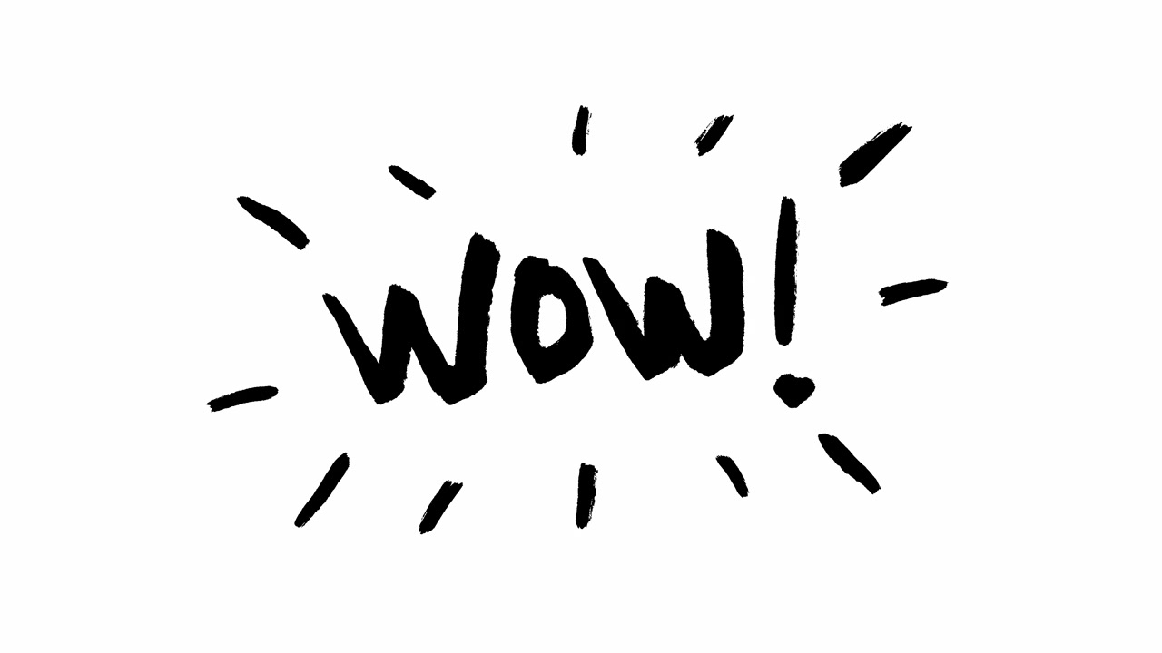 Animierter handgezeichneter „Wow!“-Text mit strahlenden Linien.