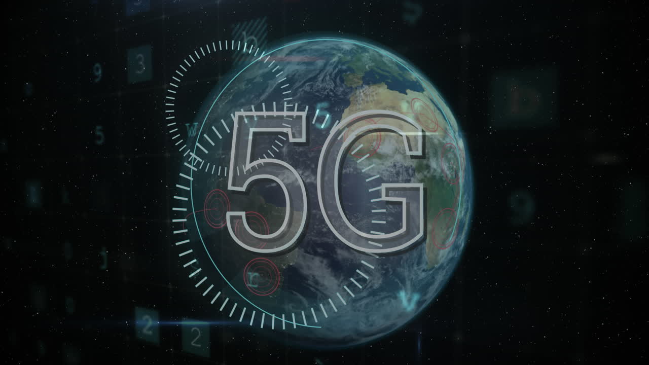 testo 5g e elaborazione di dati di sicurezza informatica contro globo su sfondo nero