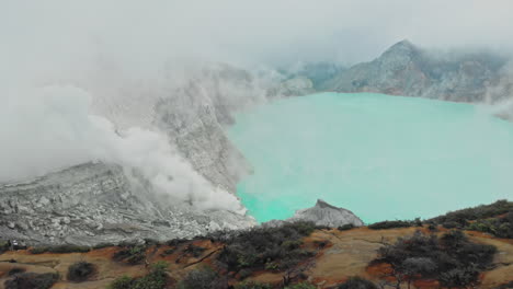 aerial shot of famous active ijen volcano or kawah ijen on the java island