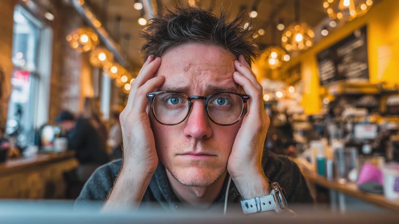 A Young Man Frustrated in a Coffee Shop, Grasping His Head with a Look of Distress and Overwhelm as He Faces a Stressful Situation