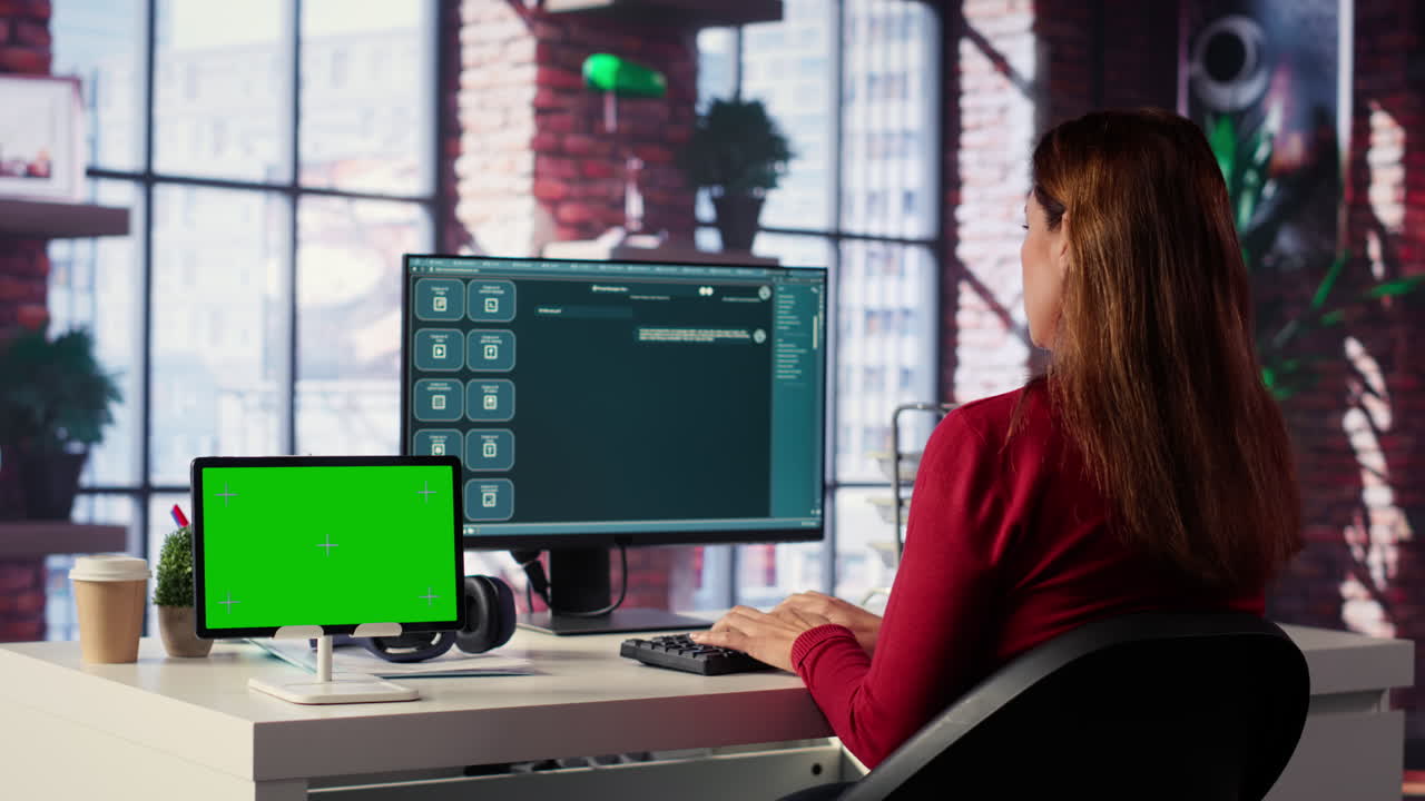 Woman working at a desk with a tablet and computer