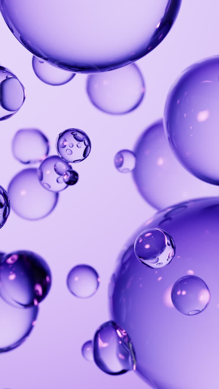Sfondo con bolle viola trasparenti fluttuanti, rendering 3D