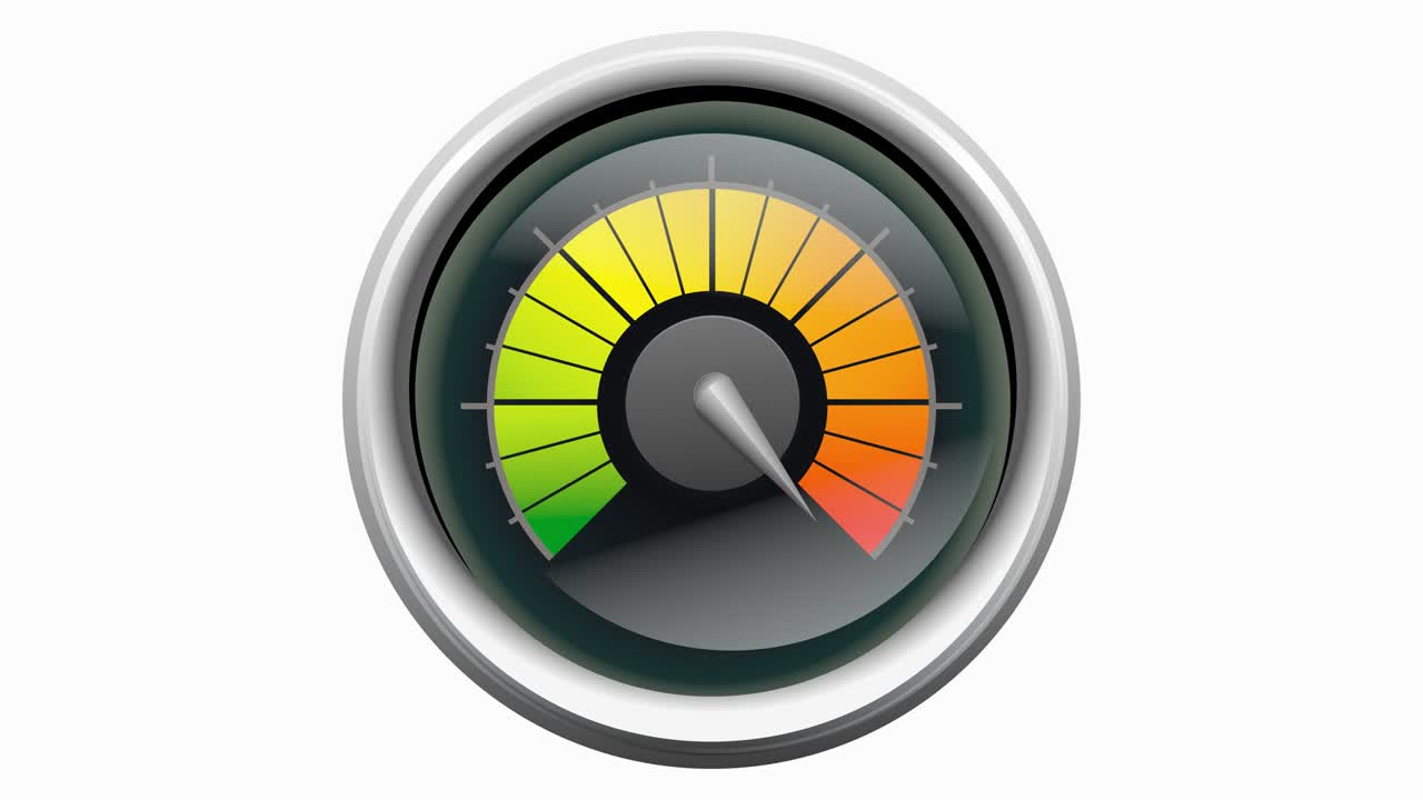 Animation of a gauge with the needle moving in the red zone on white backgound