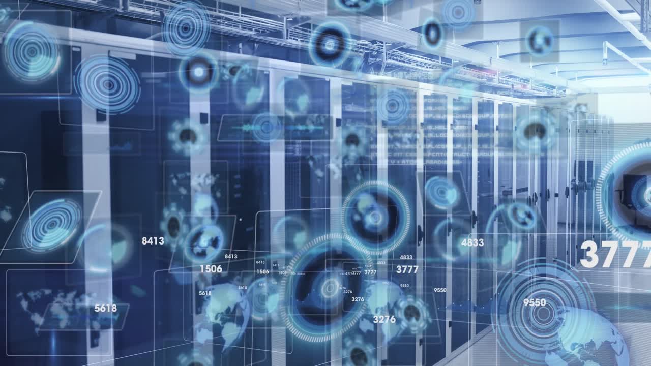 Animation of changing numbers, round scanners and data processing against server room