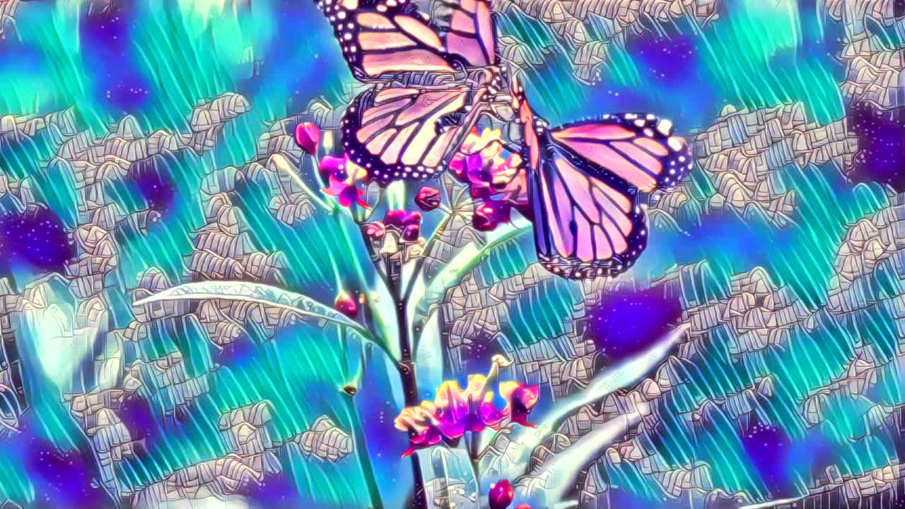 Animazione artistica in stile cartone animato di farfalle nei toni del blu e del viola che volano sopra una pianta