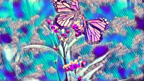 caricatura artística animación en color azul y púrpura de mariposas volando sobre la planta