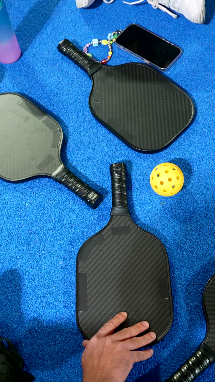 Tampilan Udara Peralatan Pickleball dan Pemain Beristirahat di Lapangan Biru
