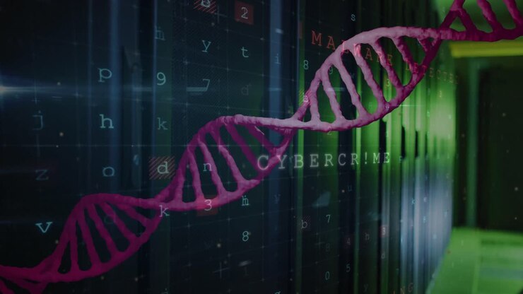 Cyber security data processing and dna structure spinning against computer server room