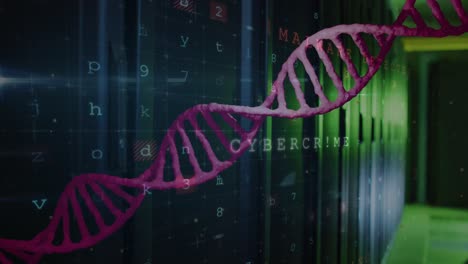 Cyber-security-data-processing-and-dna-structure-spinning-against-computer-server-room