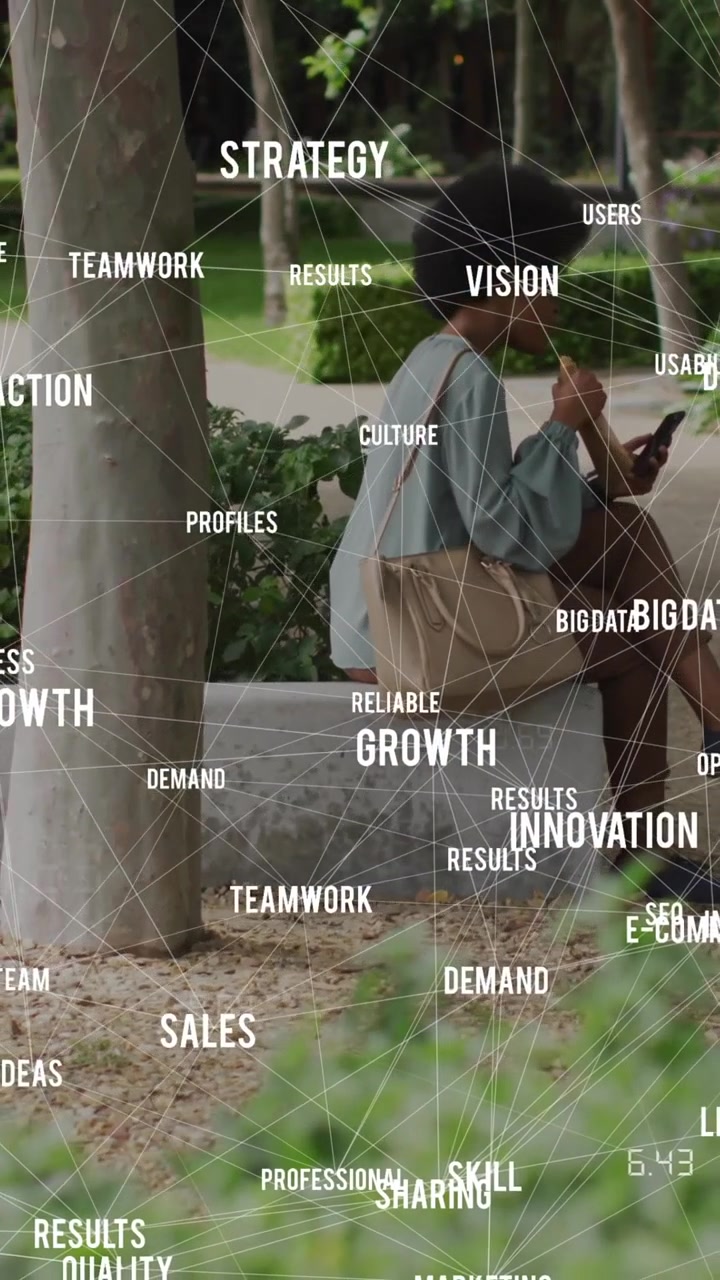 Animation of business data over african american woman using smartphone