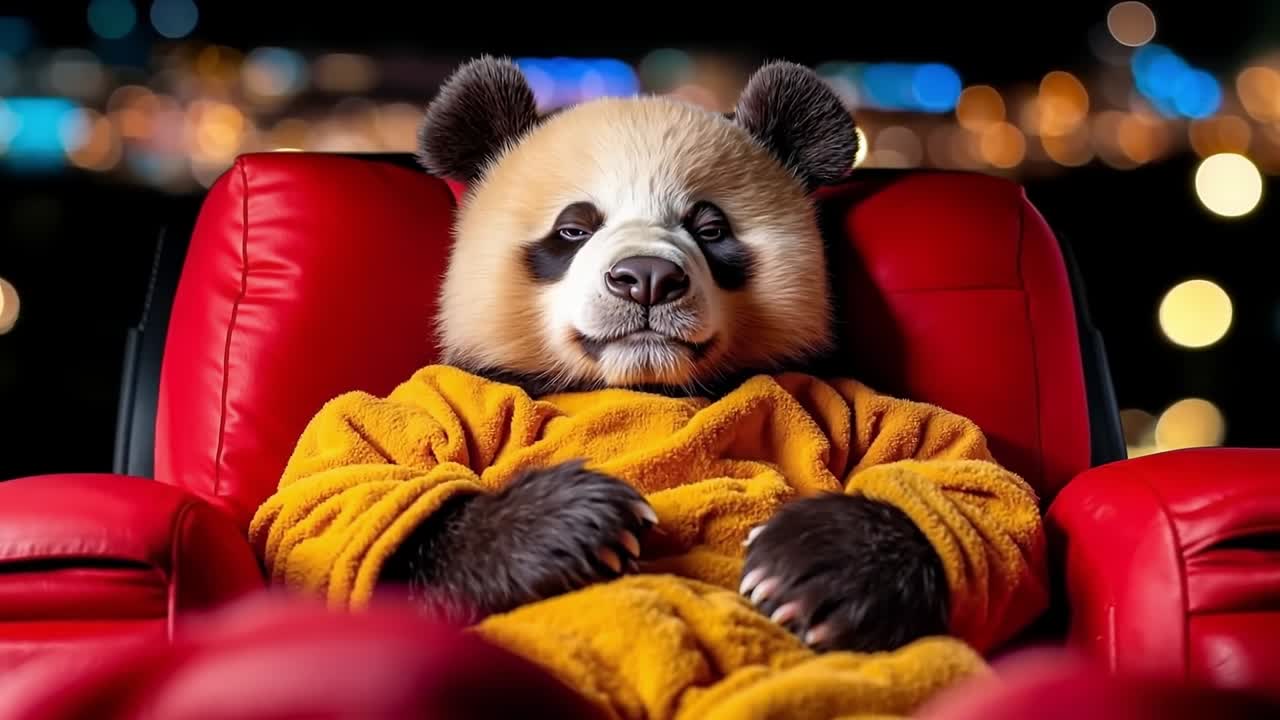 un oso panda envuelto en una manta sentado en una silla roja