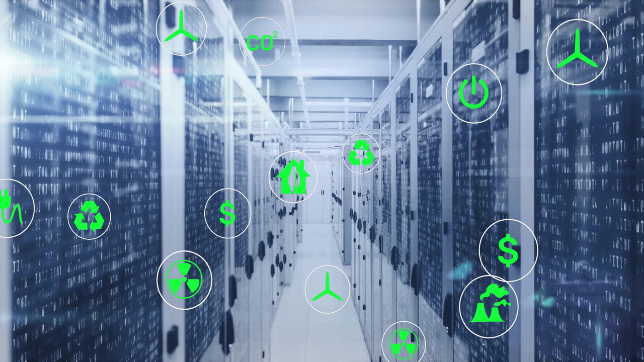 animación de iconos de ecología verde y energía sobre luces intermitentes en servidores de computadoras