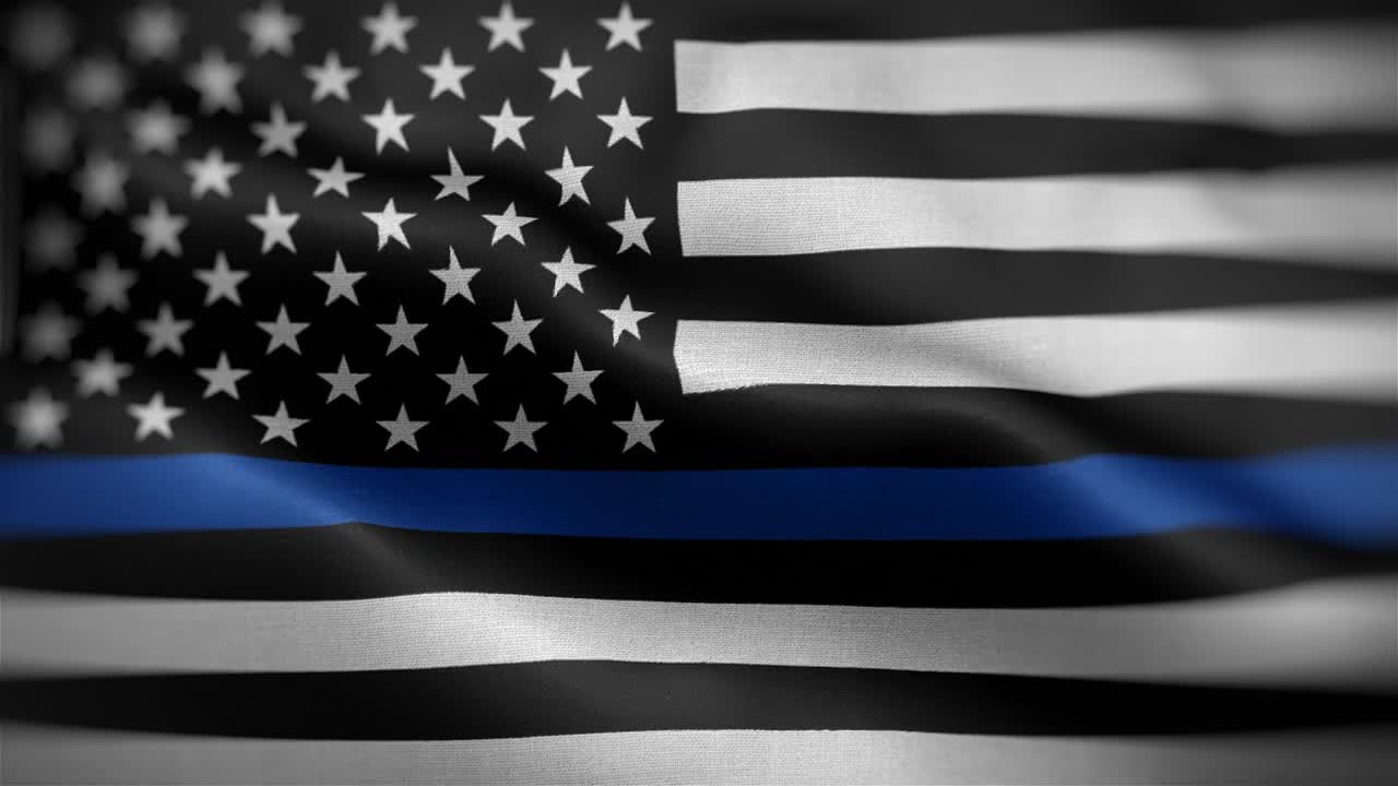 фронтальный вид развевающегося флага полиции "тонкая синяя линия" в hd