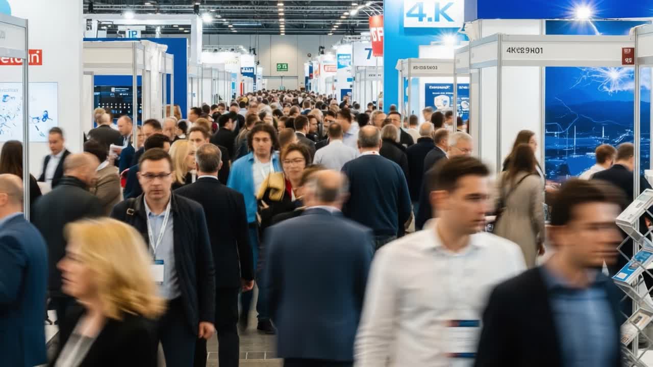 Crowded exhibition hall with many business attendees