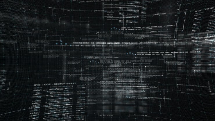 Futuristic simulation of 5G network concept, artificial intelligence quantum physic deep learning performing analytic computational head up display loop background