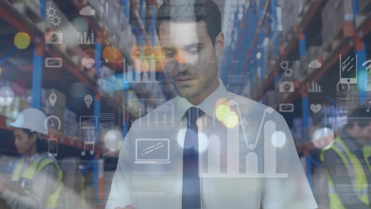 animación del procesamiento de datos sobre un trabajador de almacén que utiliza una tableta en el centro de envío