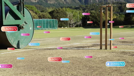 animation of social media notifications over roller and stumps on cricket pitch