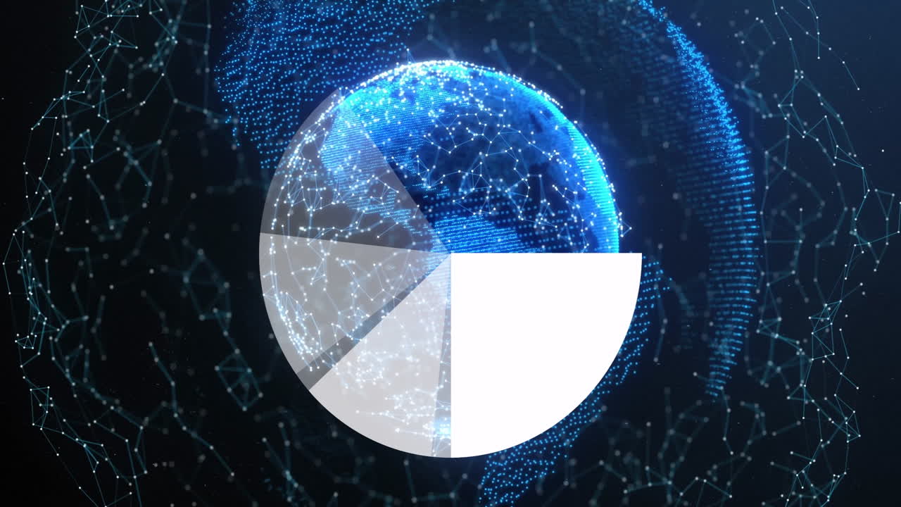 Animating digital pie chart over glowing blue network connections in tech setting