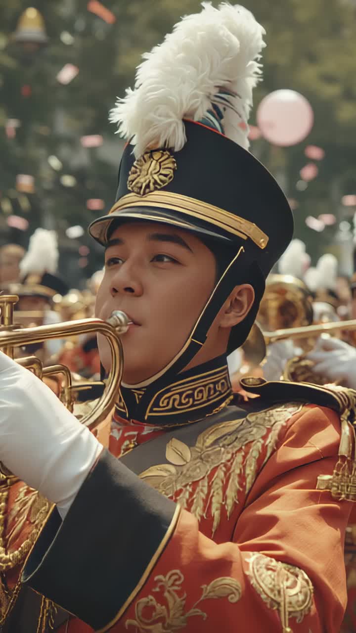 Vertical video: Playing plumed musician marching parade start turning right and playing trumpet