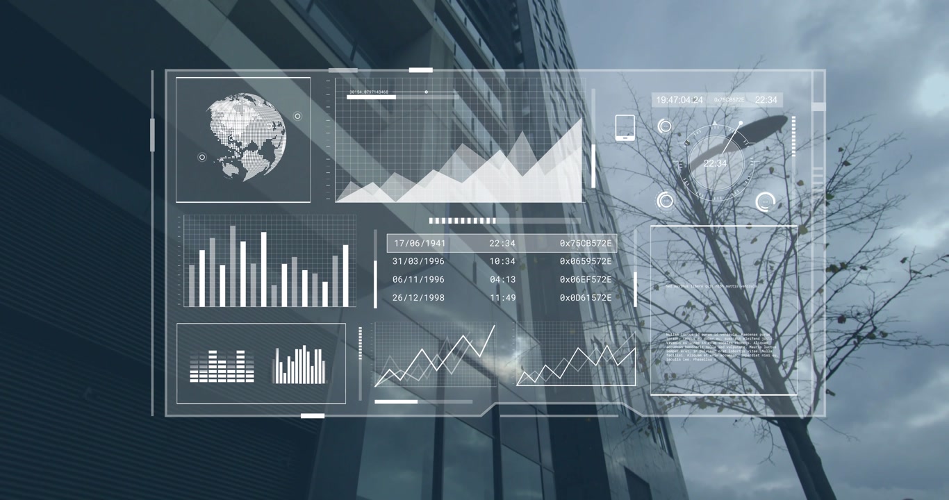 Camera tilting upward, holographic HUD remaining fixed while charts updating, showing urban metrics