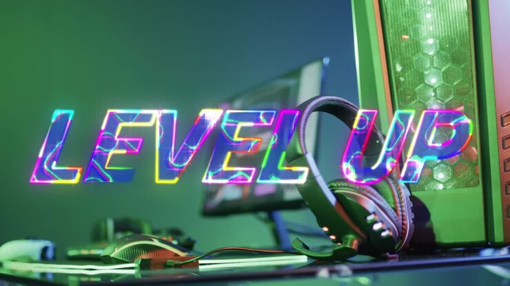 Animation of level up text over video game equipment on neon background