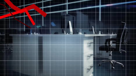 animation of financial data processing and red lines over office
