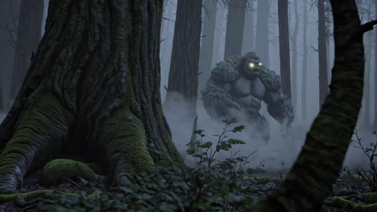 Una scena video cinematografica di una creatura mistica in una foresta nebbiosa