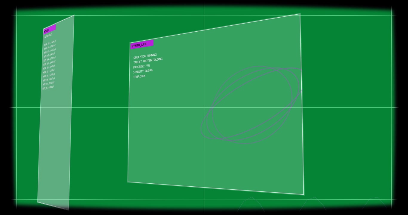 On empty grid SYNTH_LIFE UI rotating, cam orbiting, showing protein fold status on transparent bg