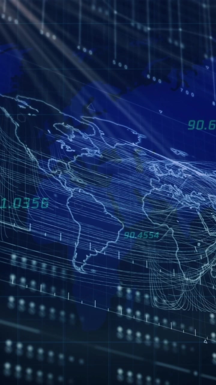 Animation of data processing and world map on dark digital screen