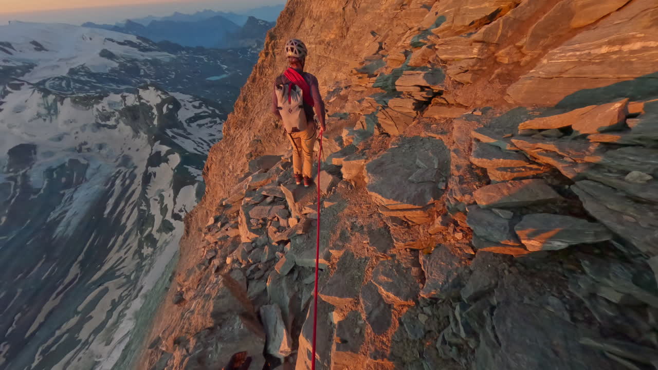 First-person POV of a climber ascending the iconic Matterhorn at sunrise on a crystal-clear bluebird day. Captured on GoPro for an immersive, realistic mountaineering experience above the clouds