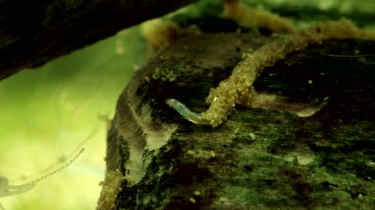 Larva di moscerino (Chironomide: Corynoneura sp.) sott'acqua, che si estende dal rifugio tubolare e cerca cibo su un pezzo di legno morto in uno stagno, primo piano macro estremo, angolazione 1.