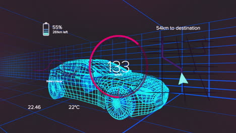 Animación-De-íconos,-Textos-Y-Números-Cambiantes-En-Círculos-De-Carga-Sobre-Un-Modelo-3D-De-Automóvil.