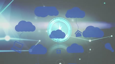 Animation-Einer-Uhr-über-Digitalen-Wolken-Mit-Elektronischen-Geräten-Und-Netzwerk-Von-Verbindungen