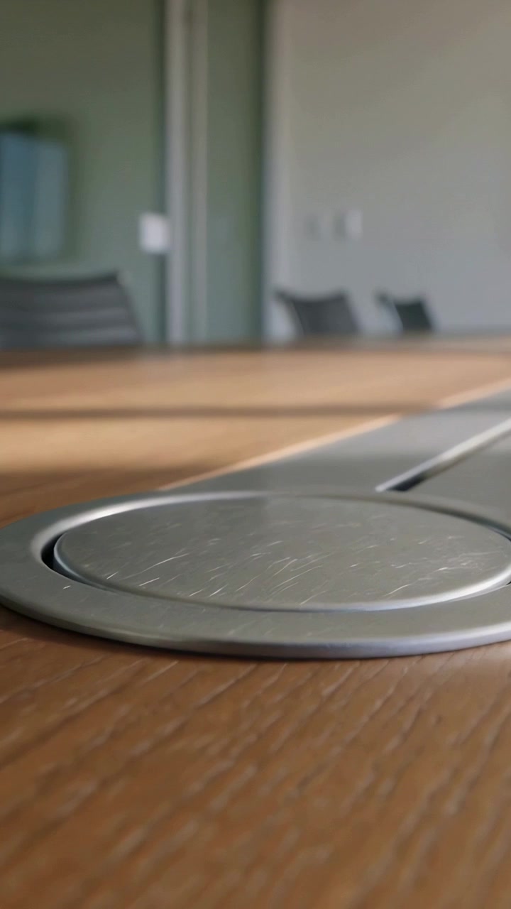 Vertical video: Pressing metal grommet disc, cover popping open and exposing cavity in meeting room