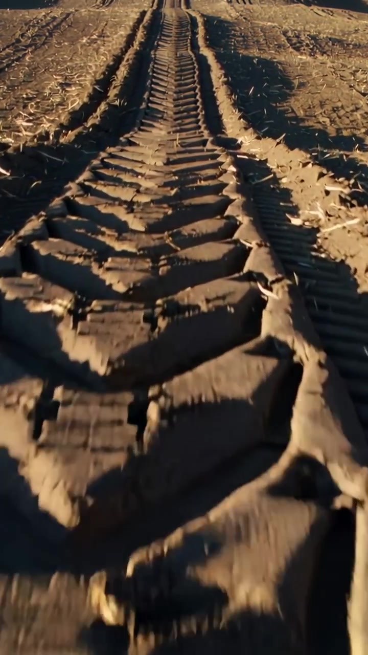 Video verticale: Telecamera ad angolo basso che riprende un profondo solco di trattore attraverso un campo agricolo, mostrando una traccia laterale.