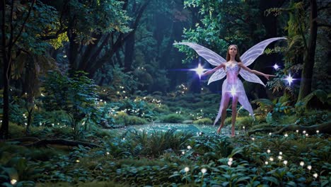 A magical forest scene with a fairy in a glowing dress, captured from a low-angle