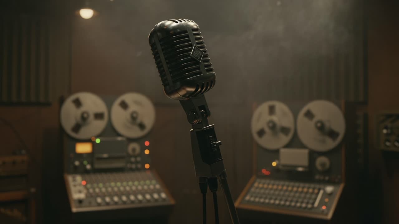 A Captivating Vintage Microphone Stands Alone in an Atmospheric Recording Studio, Surrounded by Classic Reel-to-Reel Tape Recorders Creating a Unique Sound Experience