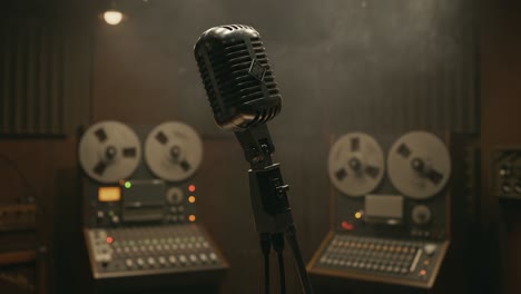 a captivating vintage microphone stands alone in an atmospheric recording studio, surrounded by classic reel-to-reel tape recorders creating a unique sound experience