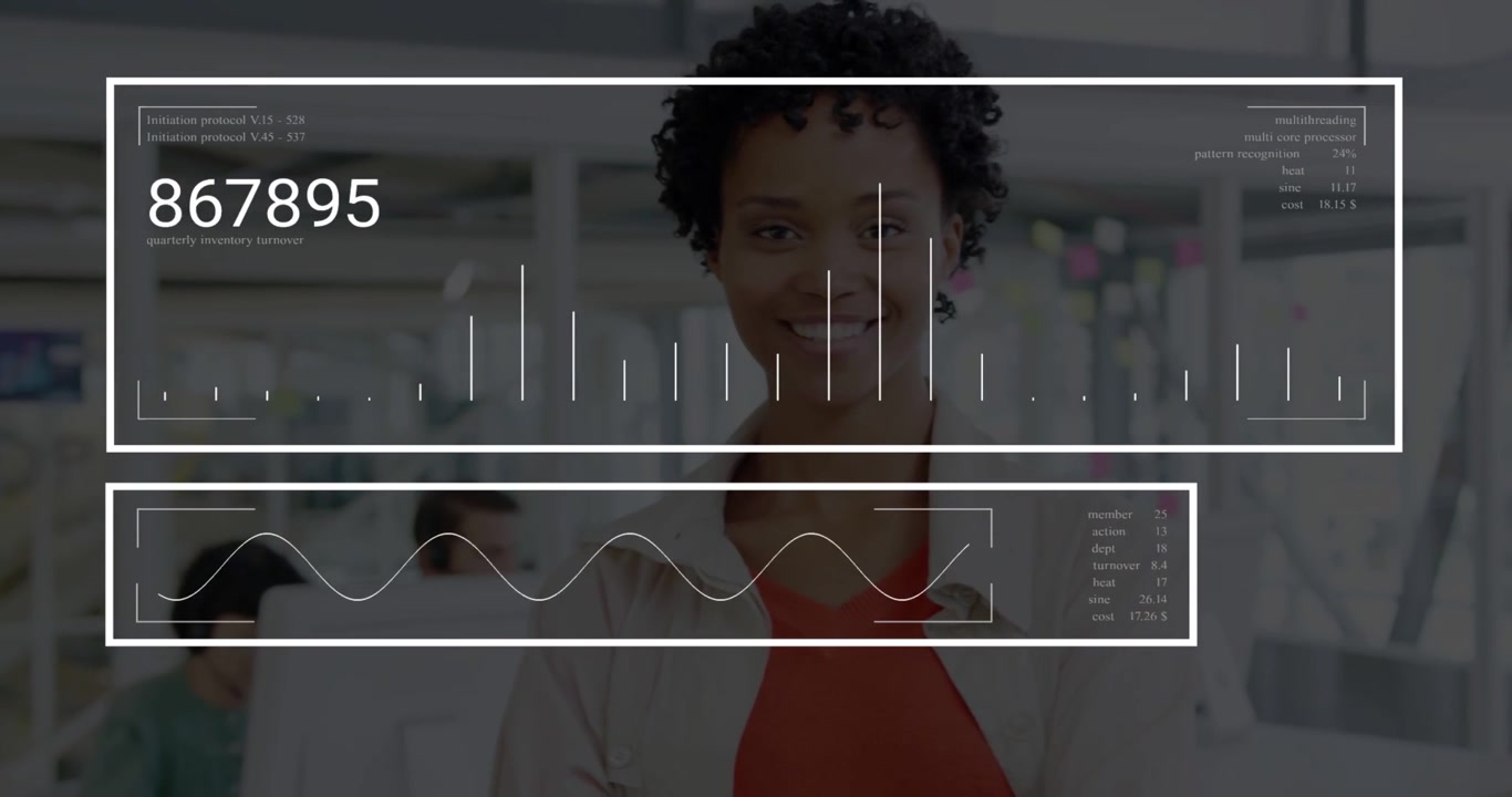 On start business lead woman standing torso HUDs animating counters waveform showing metrics fading
