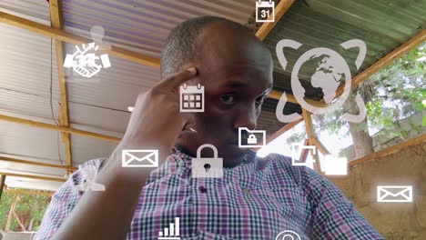 futuristic icons of depressed african male reading during corona