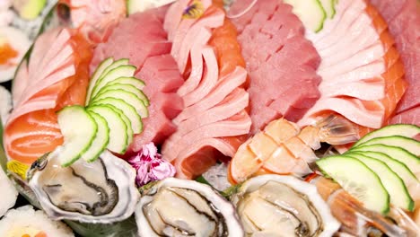 a close-up view of a seafood platter arrangement