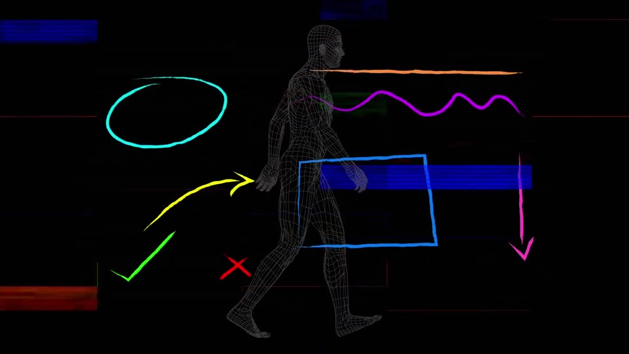 animación digital de formas abstractas y formas de luz coloridas contra el modelo de caminar del cuerpo humano