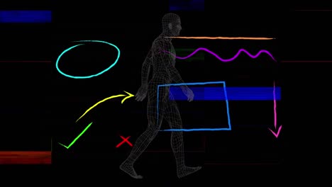 animación digital de formas abstractas y formas de luz coloridas contra el modelo de caminar del cuerpo humano