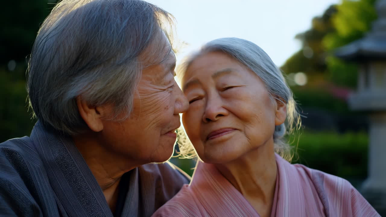 An elderly Asian couple sharing a tender moment outdoors