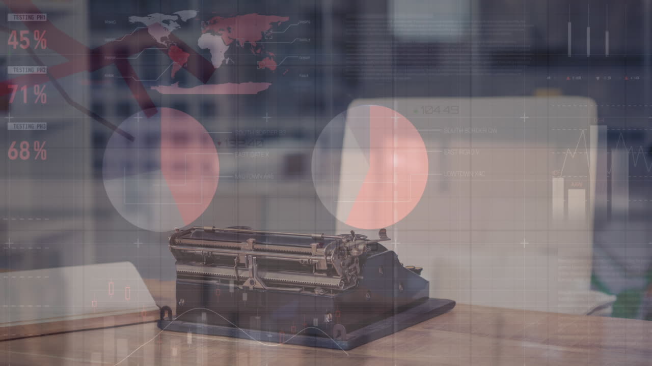 사무실 책상에 있는 타자기와의 통계 데이터 처리의 애니메이션