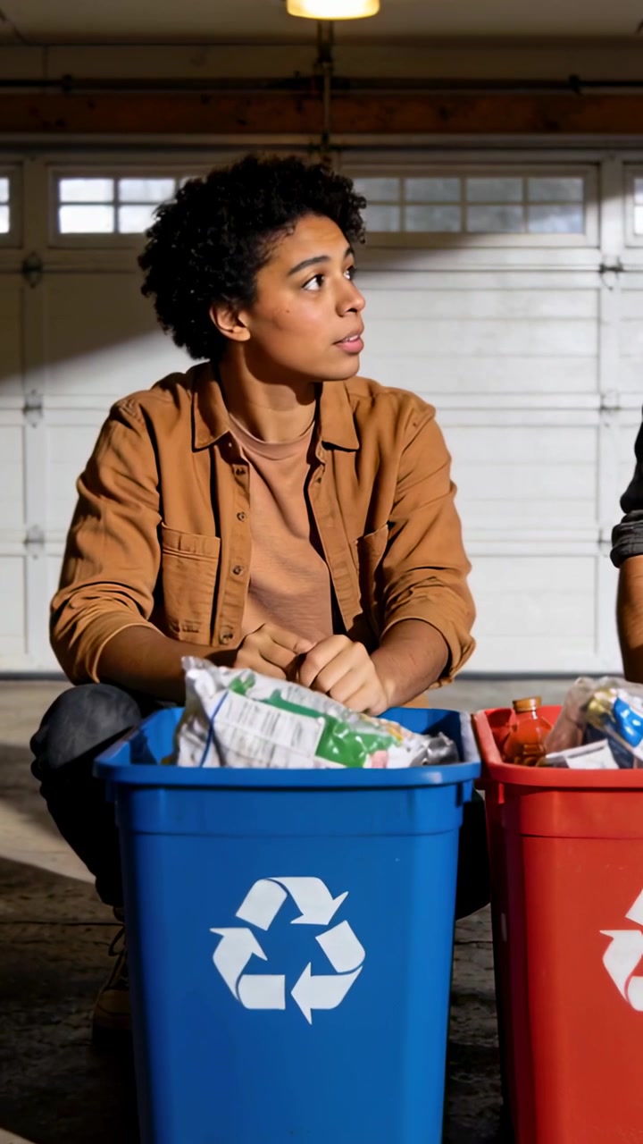 Vertical video: Reaching into pile woman in brown top putting paper into blue bin to sort in garage