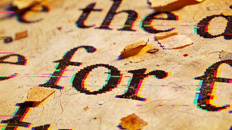 Gliding camera revealing printed serif word for on aged sheet, highlighting fibers and RGB glitches