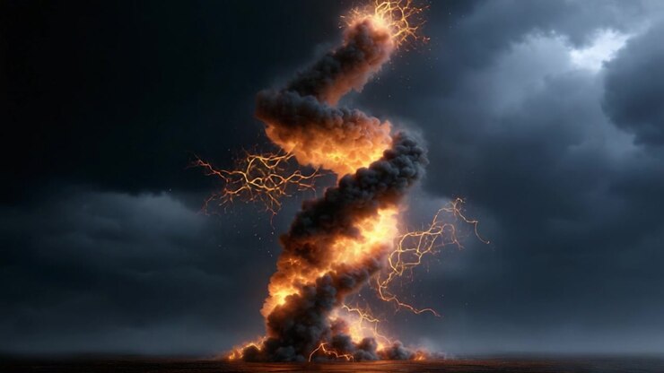 Una visuale mozzafiato di un vortice esplosivo emerge dal terreno, mostrando fulmini infuocati che si avvolgono all'interno di una densa nuvola di fumo contro un cielo drammatico