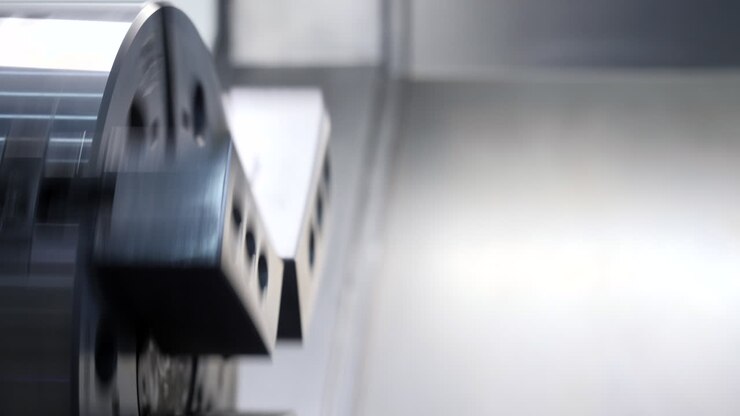 Close-up view of a lathe machine in action